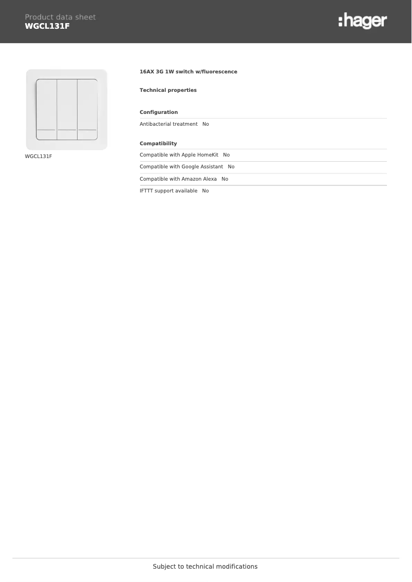 Page 1 de la notice Fiche technique Hager WGCL131F