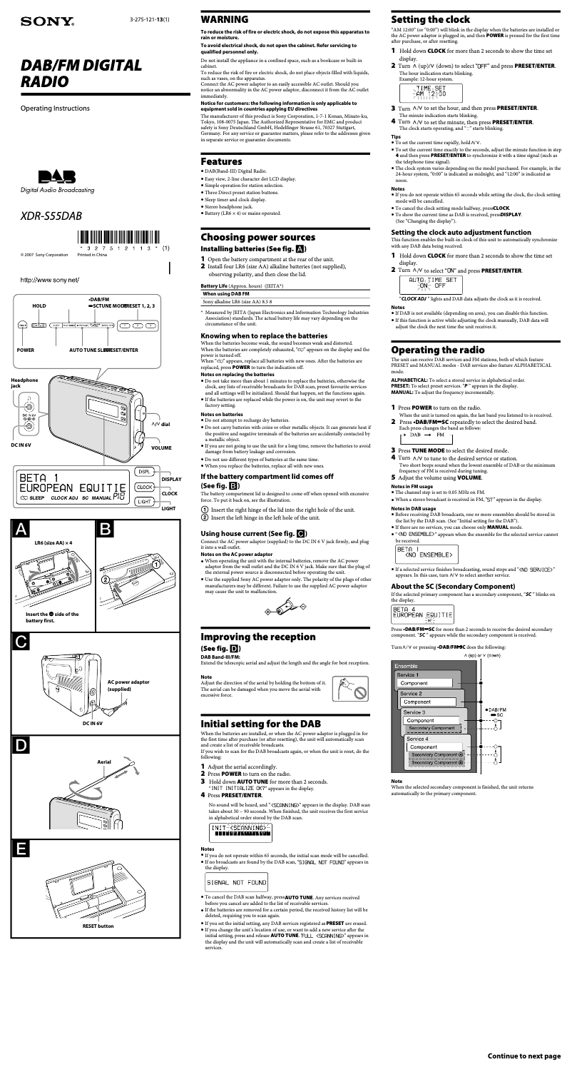 Page 1 de la notice Manuel utilisateur Sony XDR-S55DAB