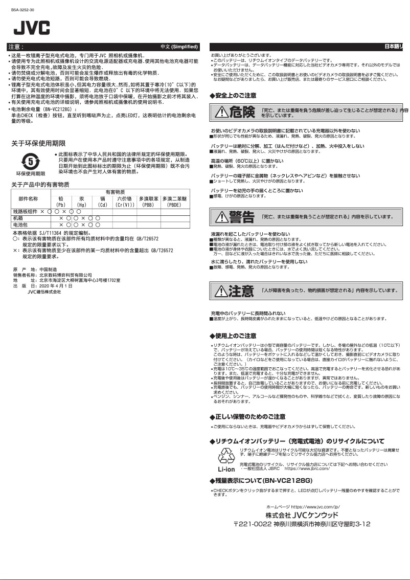 Page 1 de la notice Manuel utilisateur JVC BN-VC296G