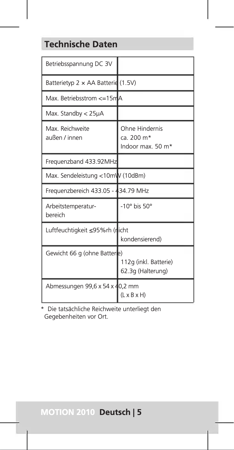 Page 1 de la notice Manuel utilisateur Burg Wächter Motion 2010