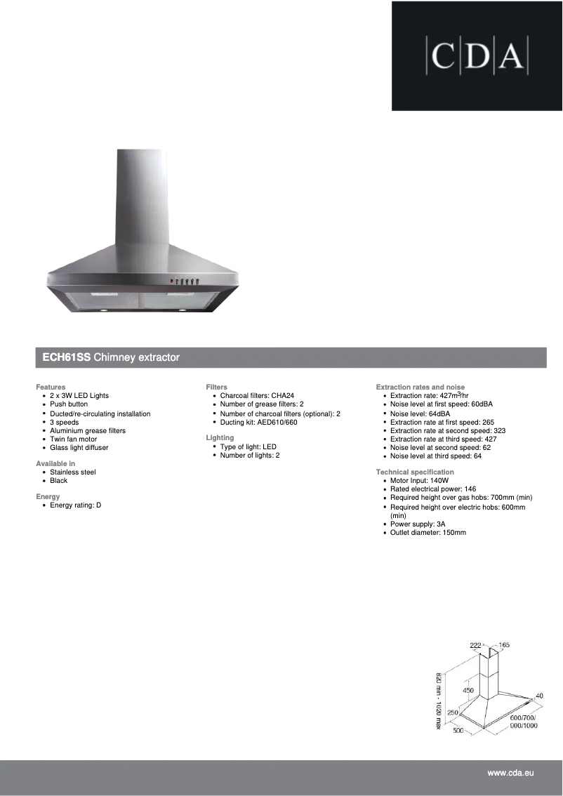 Page 1 de la notice Fiche technique CDA ECH61SS
