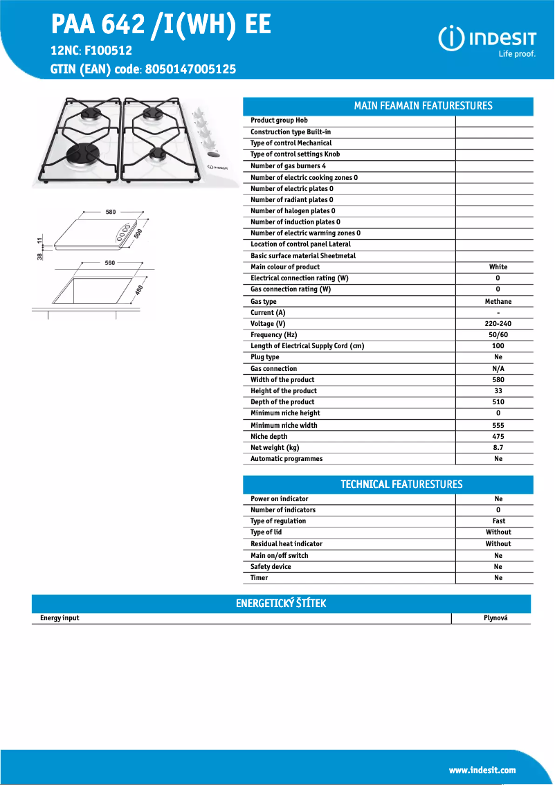 Page 1 de la notice Fiche technique Indesit PAA 642 /I(WH) EE