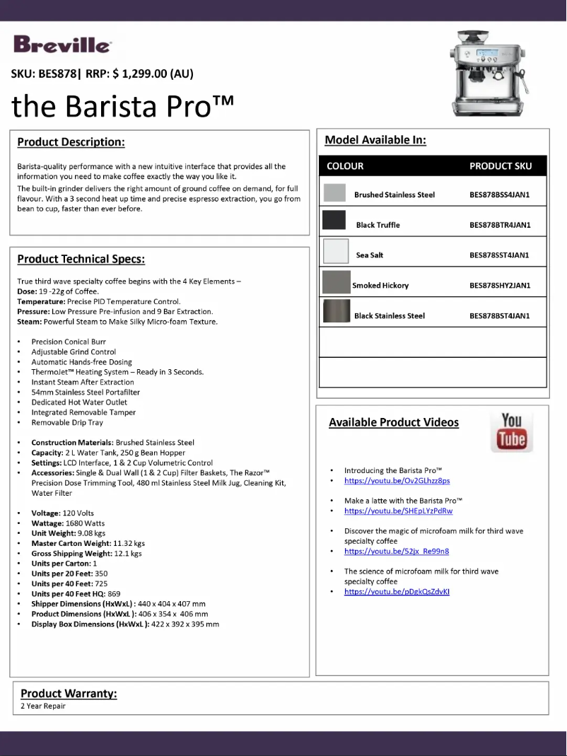 Image de la première page du manuel de l'appareil the Barista Pro BES878