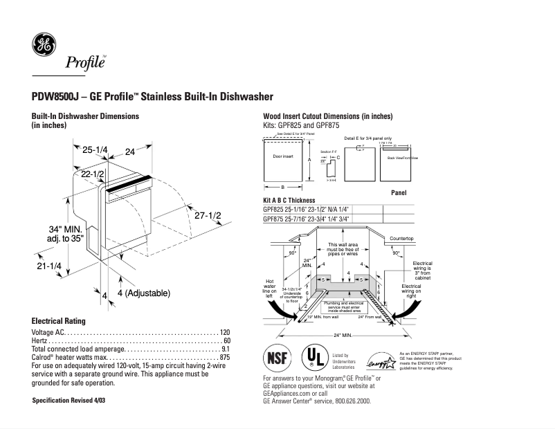 Page 1 de la notice Fiche technique GE Profile PDW8500JWW