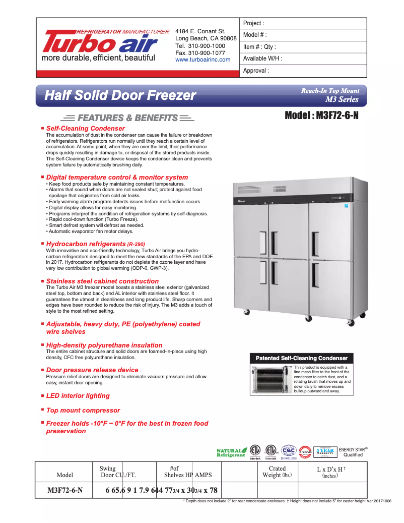 Page 1 de la notice Fiche technique Turbo air M3F72-6