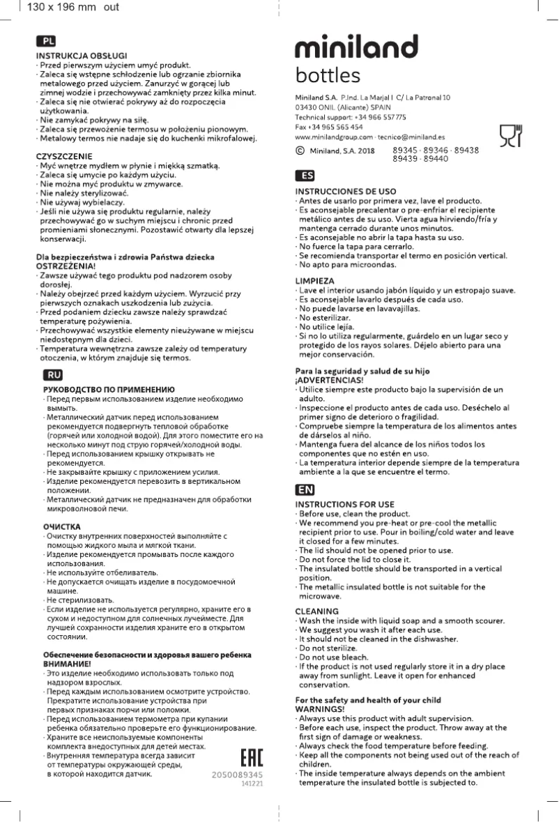 Page 1 de la notice Manuel utilisateur Miniland Bottle Palms 500Ml 89439