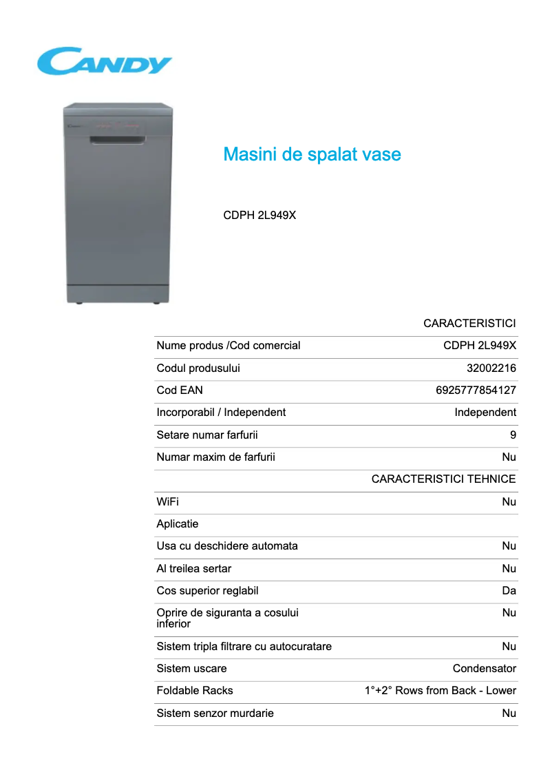 Page n°1 - Fiche technique Candy CDPH 2L949X
