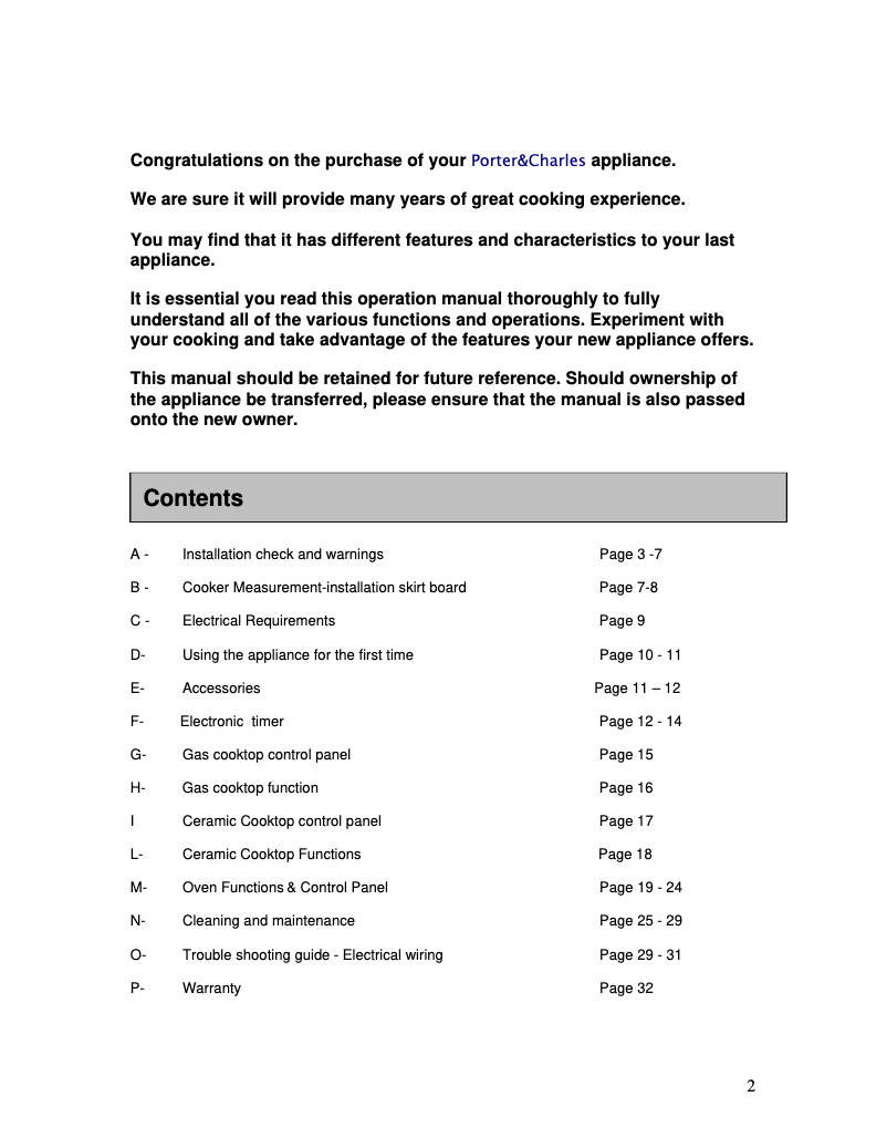 Page 1 de la notice Manuel utilisateur Porter & Charles FEG60B2