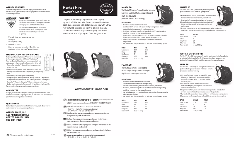 Page 1 de la notice Manuel utilisateur Osprey Mira 18