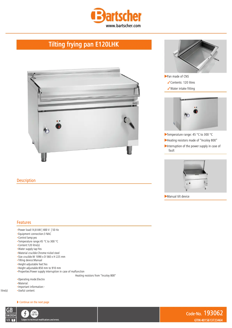 Page 1 de la notice Manuel utilisateur Bartscher E120LHK