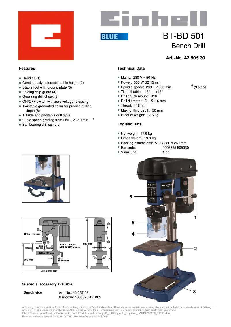 Page n°1 - Fiche technique Einhell BT-BD 501