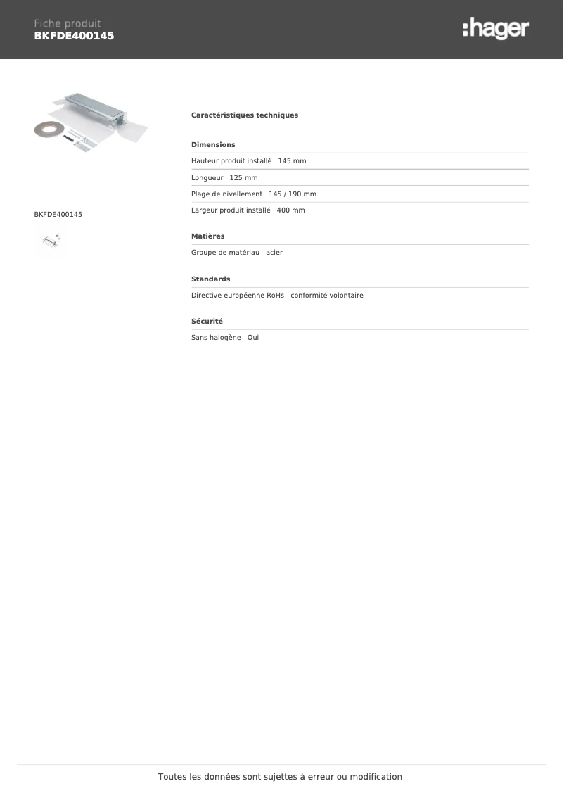 Page 1 de la notice Fiche technique Hager BKFDE400145