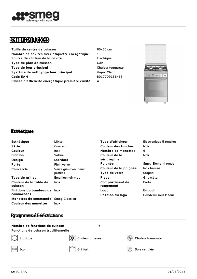 Page n°1 - Fiche technique Smeg SCB60MX9
