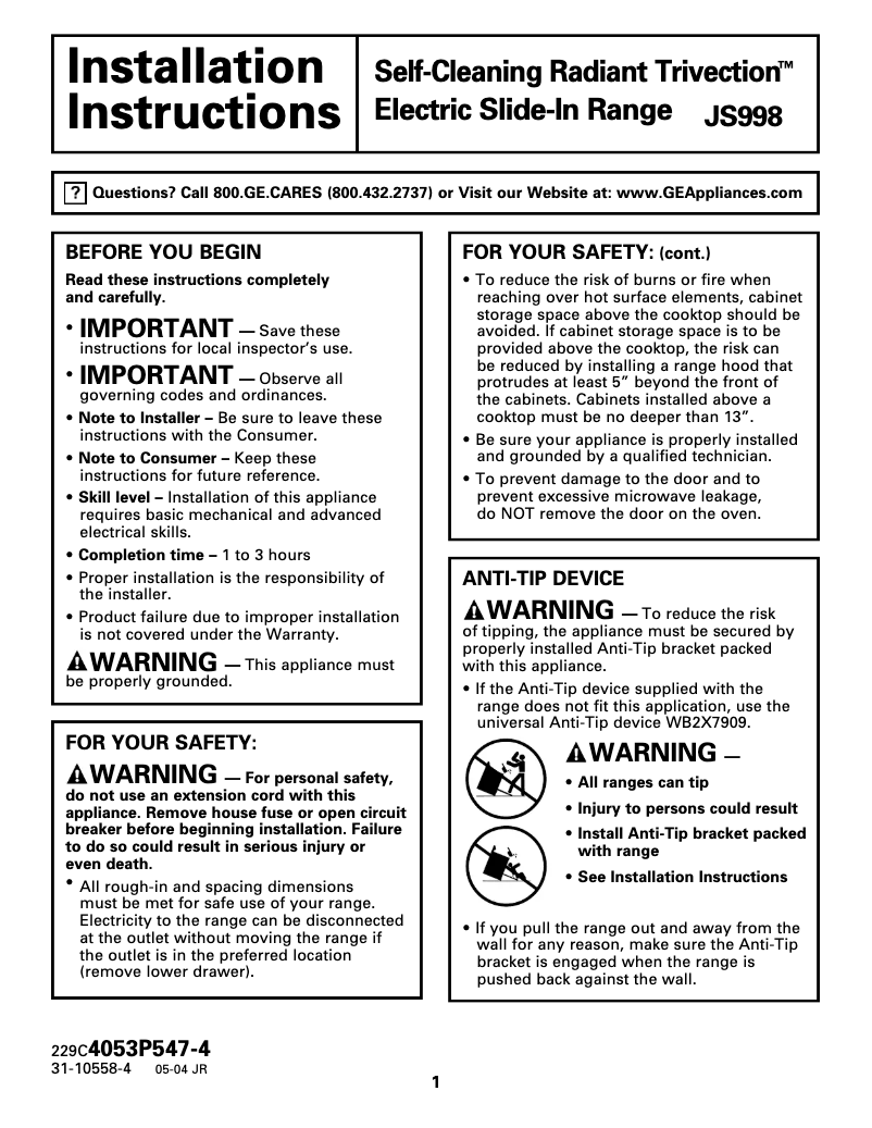 Page n°1 - Guide d'installation GE Profile JS998BHBB