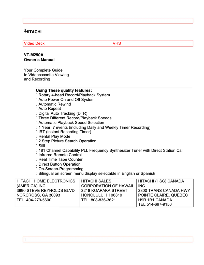 Página 1 del manual Manual de usuario Hitachi VT-M290A