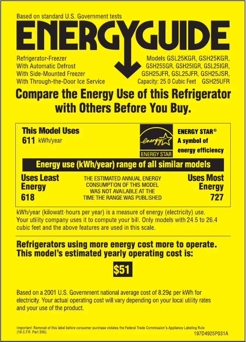 Page n°1 - Label énergétique GE GSH25KGRWW