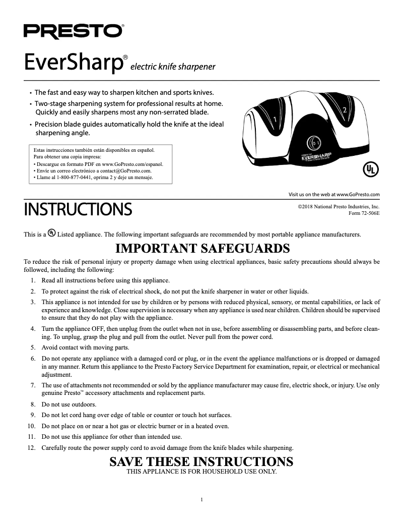 Page 1 de la notice Manuel utilisateur Presto EverSharp 08800