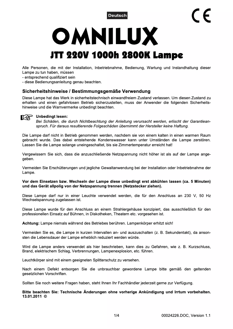 Page 1 de la notice Manuel utilisateur Omnilux JTT 220V
