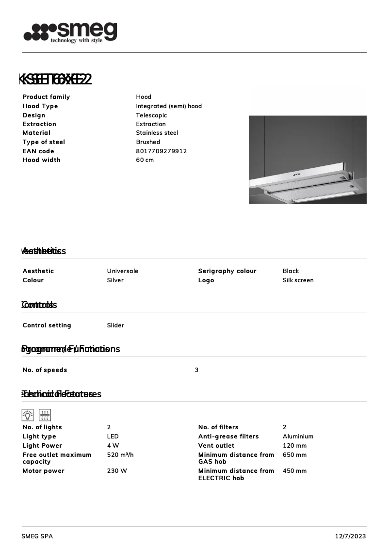 Page 1 de la notice Fiche technique Smeg KSET6XE2