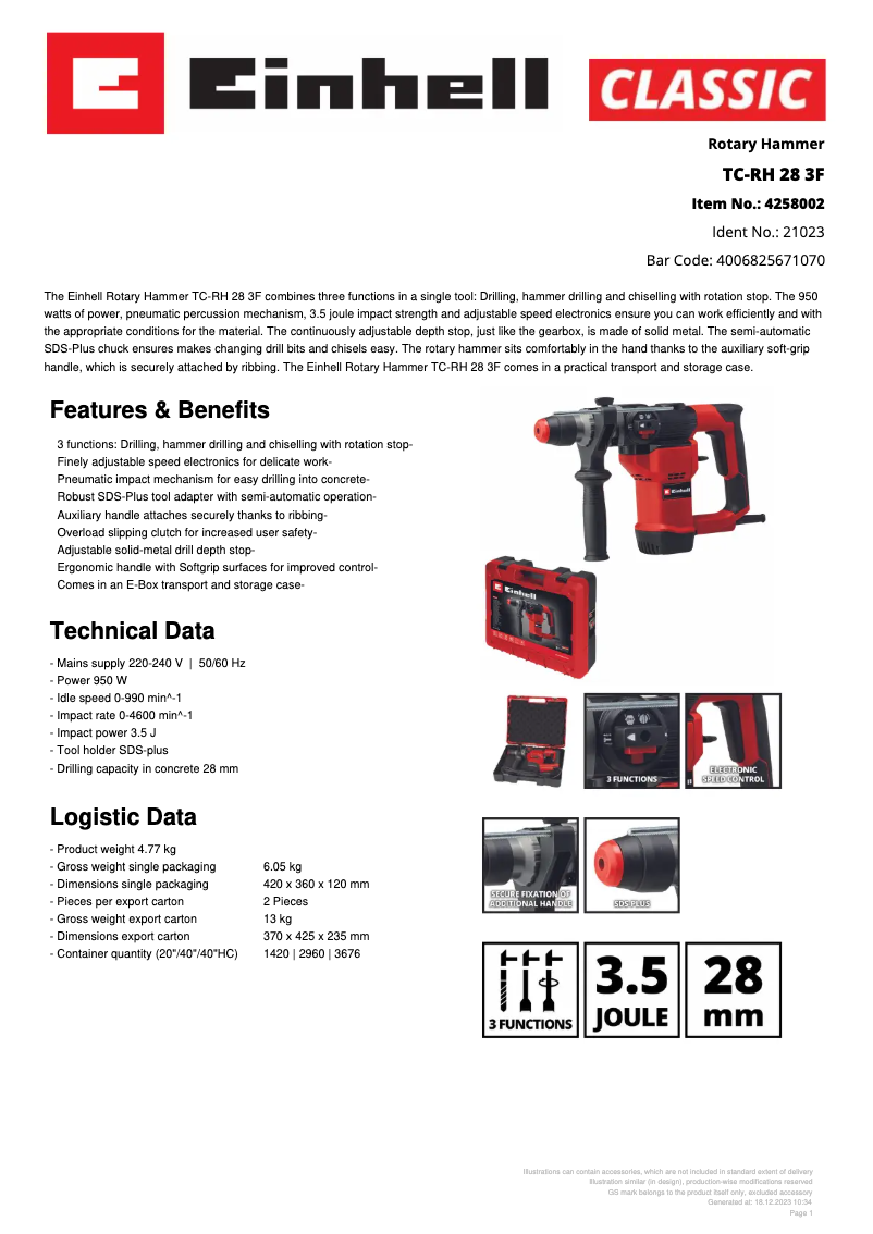 Page 1 de la notice Fiche technique Einhell TC-RH 28 3F