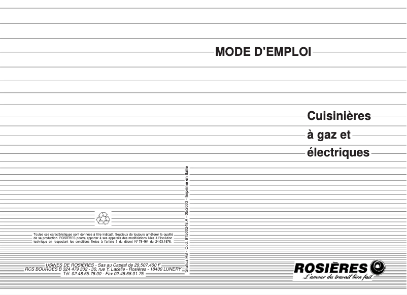 Page 1 de la notice Manuel utilisateur Rosieres RCG 522 RB