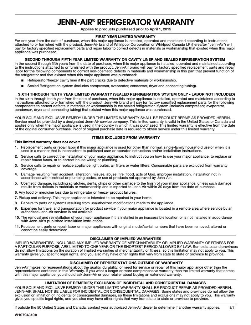 Page n°1 - Informations de garantie JennAir JFX2897DRP