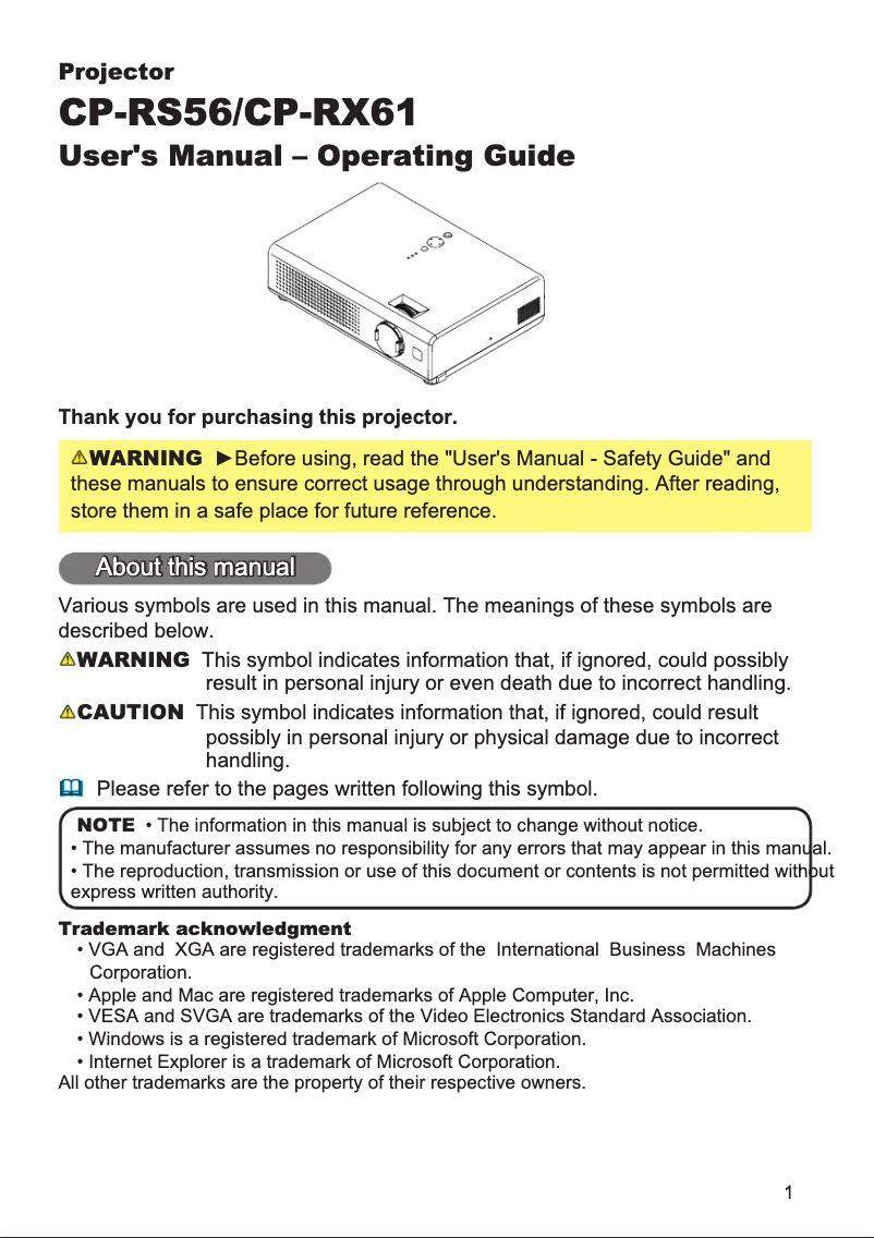 Image de la première page du manuel de l'appareil CP-RX61