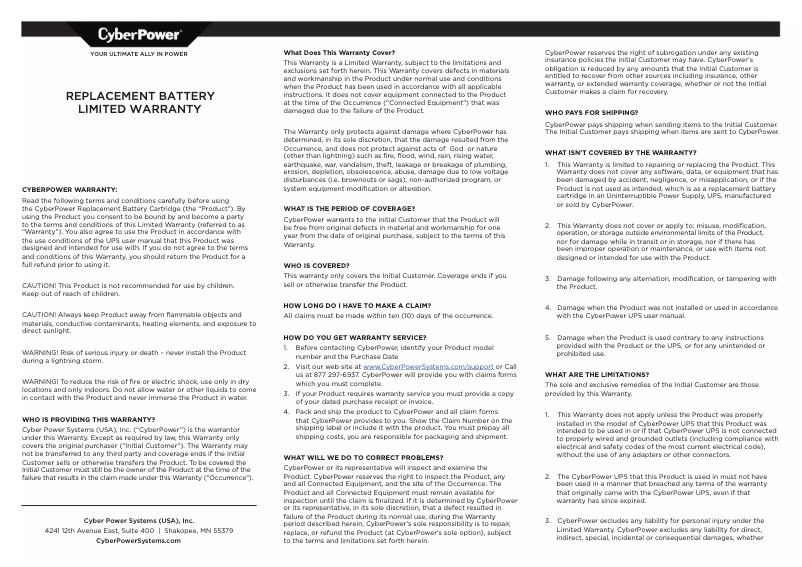 Page 1 de la notice Informations de garantie CyberPower RB1290X3L