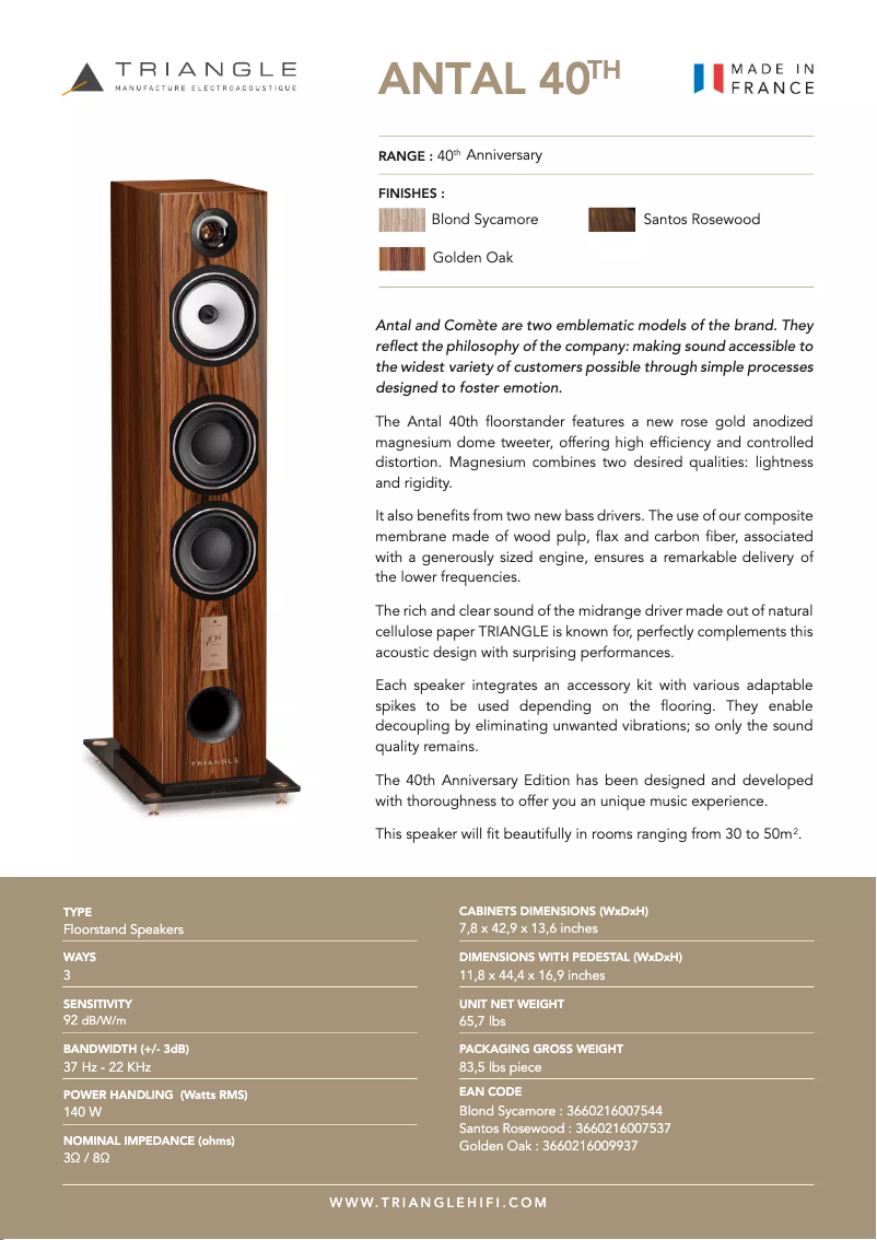 Page 1 de la notice Fiche technique Triangle Antal 40TH