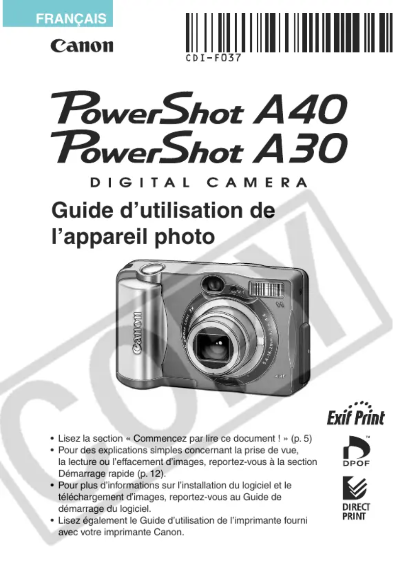 Page 1 de la notice Manuel utilisateur Canon PowerShot A40