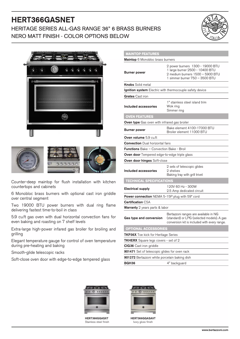 Page 1 de la notice Fiche technique Bertazzoni HERT366GASXT