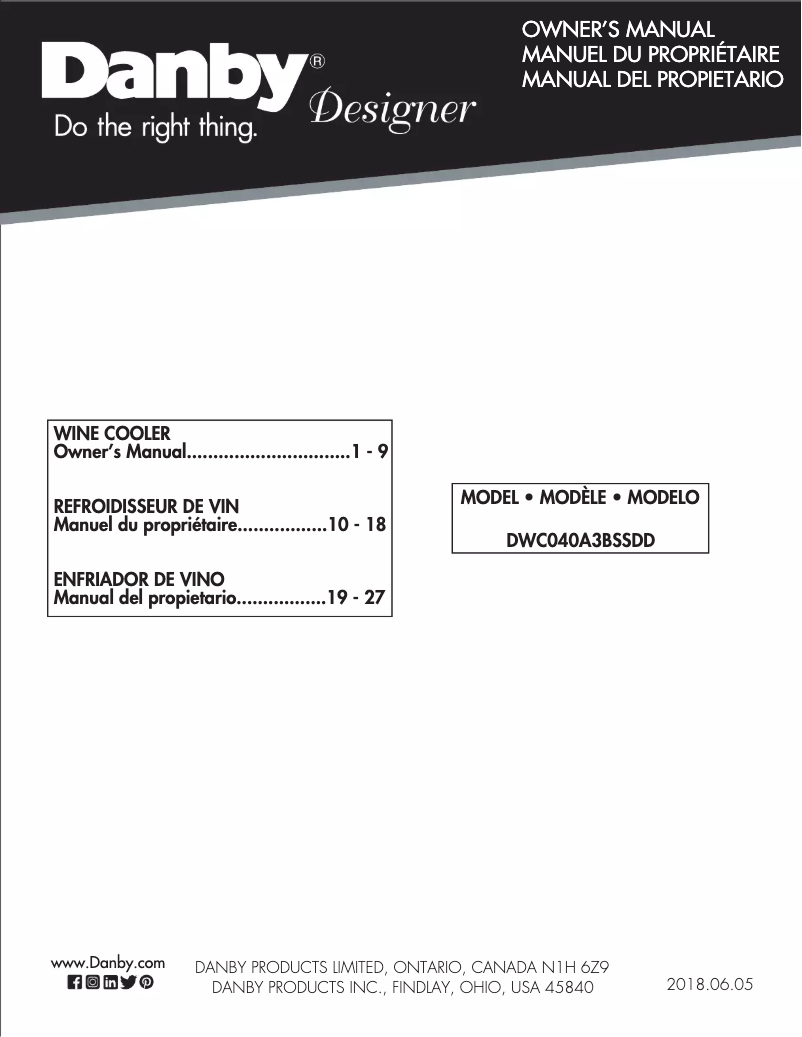 Page n°1 - Manuel utilisateur Danby DWC040A3BSSDD