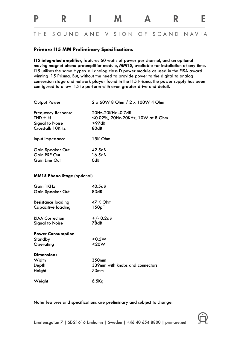 Page 1 de la notice Fiche technique Primare I15 MM