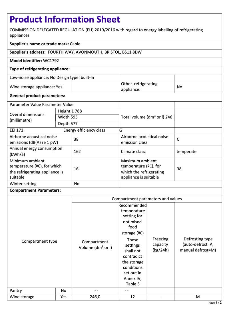 Page n°1 - Fiche technique Caple WC1792