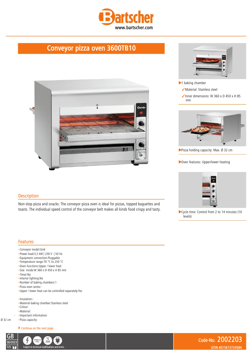 Page 1 de la notice Fiche technique Bartscher TB10