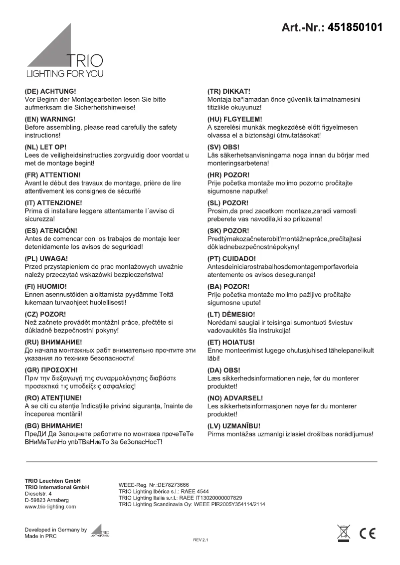 Page n°1 - Manuel utilisateur Trio Lighting Pantilon 451850101