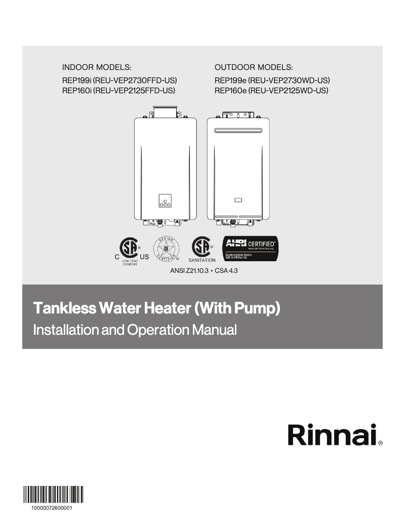 Page n°1 - Guide d'installation Rinnai REP199iP