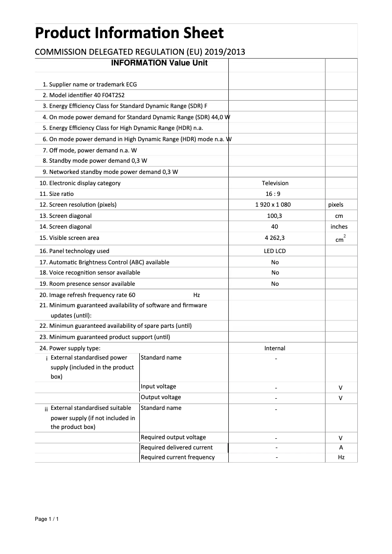 Page 1 de la notice Fiche technique ECG 40 F04T2S2