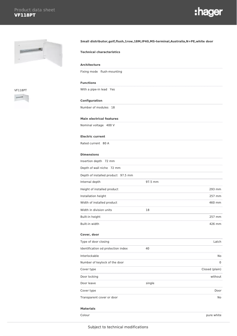 Page n°1 - Fiche technique Hager VF118PT