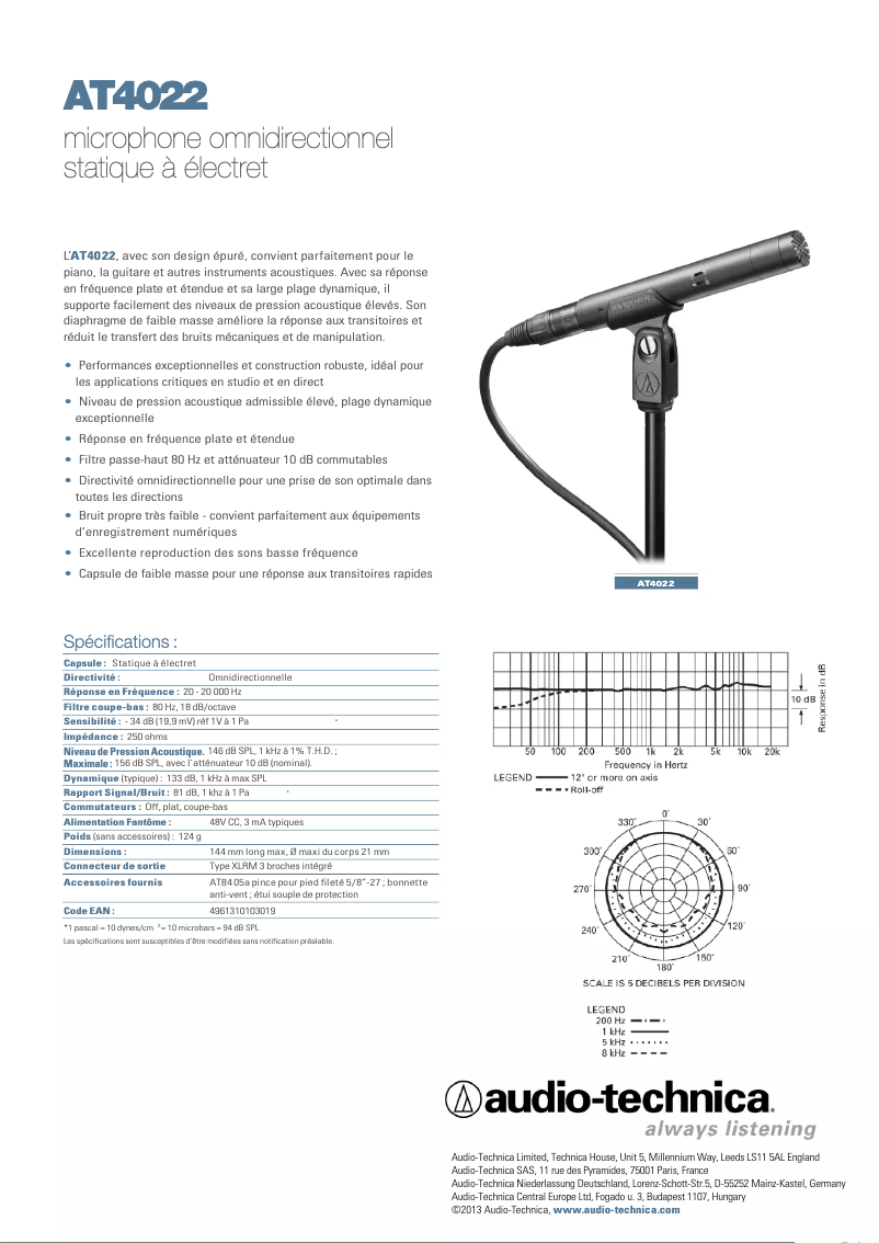Page n°1 - Fiche technique Audio-Technica AT4022