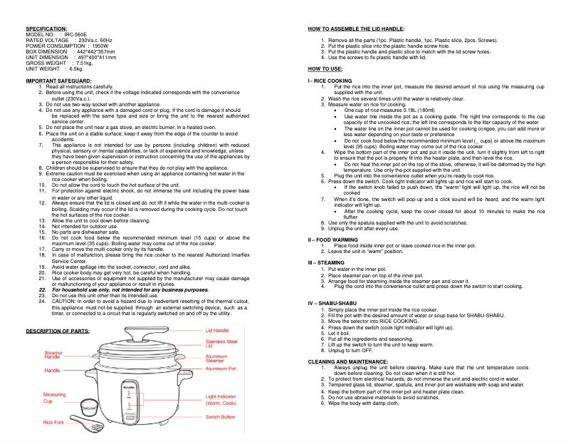 Page 1 de la notice Manuel utilisateur Imarflex IRC-560E