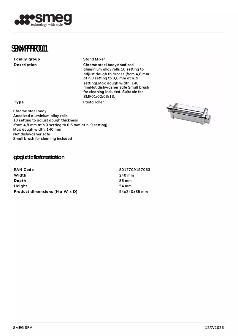Page 1 de la notice Fiche technique Smeg SMPR01