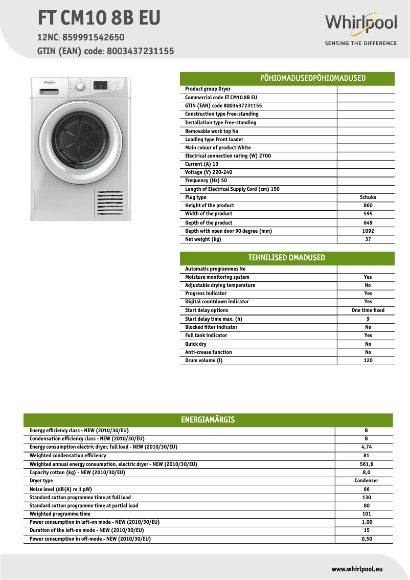 Page 1 de la notice Fiche technique Whirlpool FT CM10 8B EU
