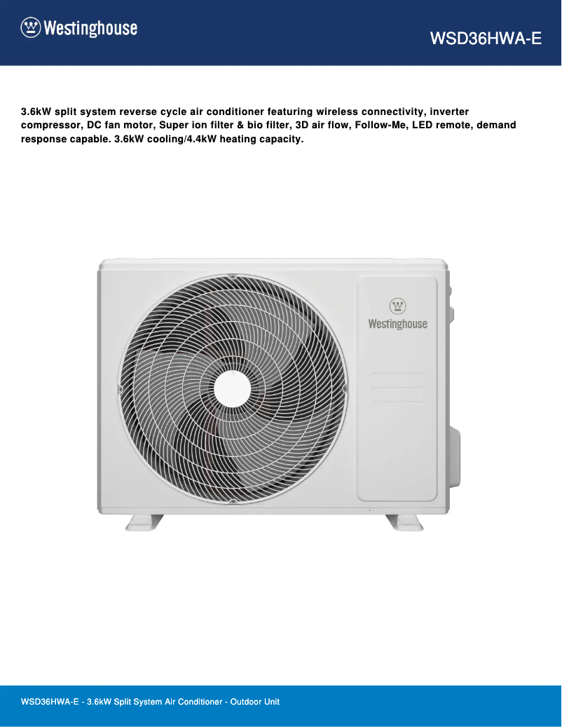 Page 1 de la notice Fiche technique Westinghouse WSD36HWA-E