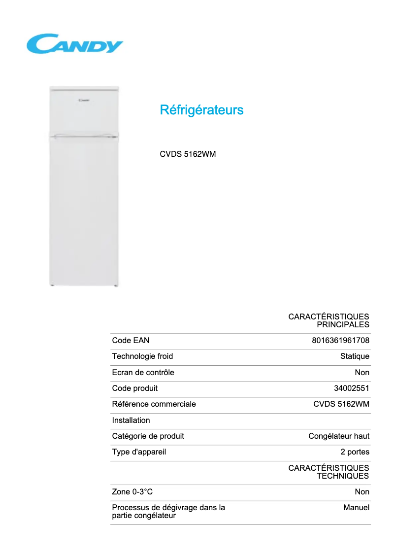 Page 1 de la notice Fiche technique Candy CVDS 5162WM