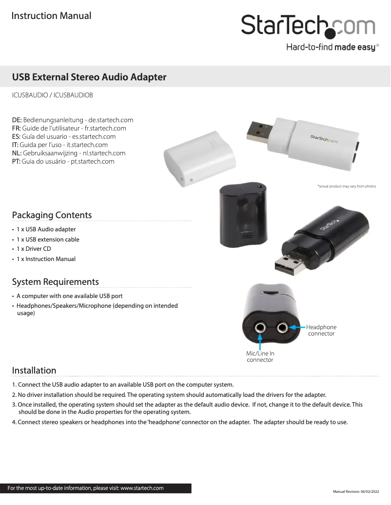 Page n°1 - Manuel utilisateur StarTech.com ICUSBAUDIO