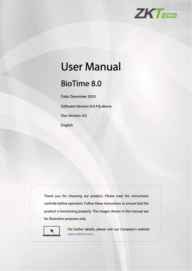 Image de la première page du manuel de l'appareil BioTime 8.0