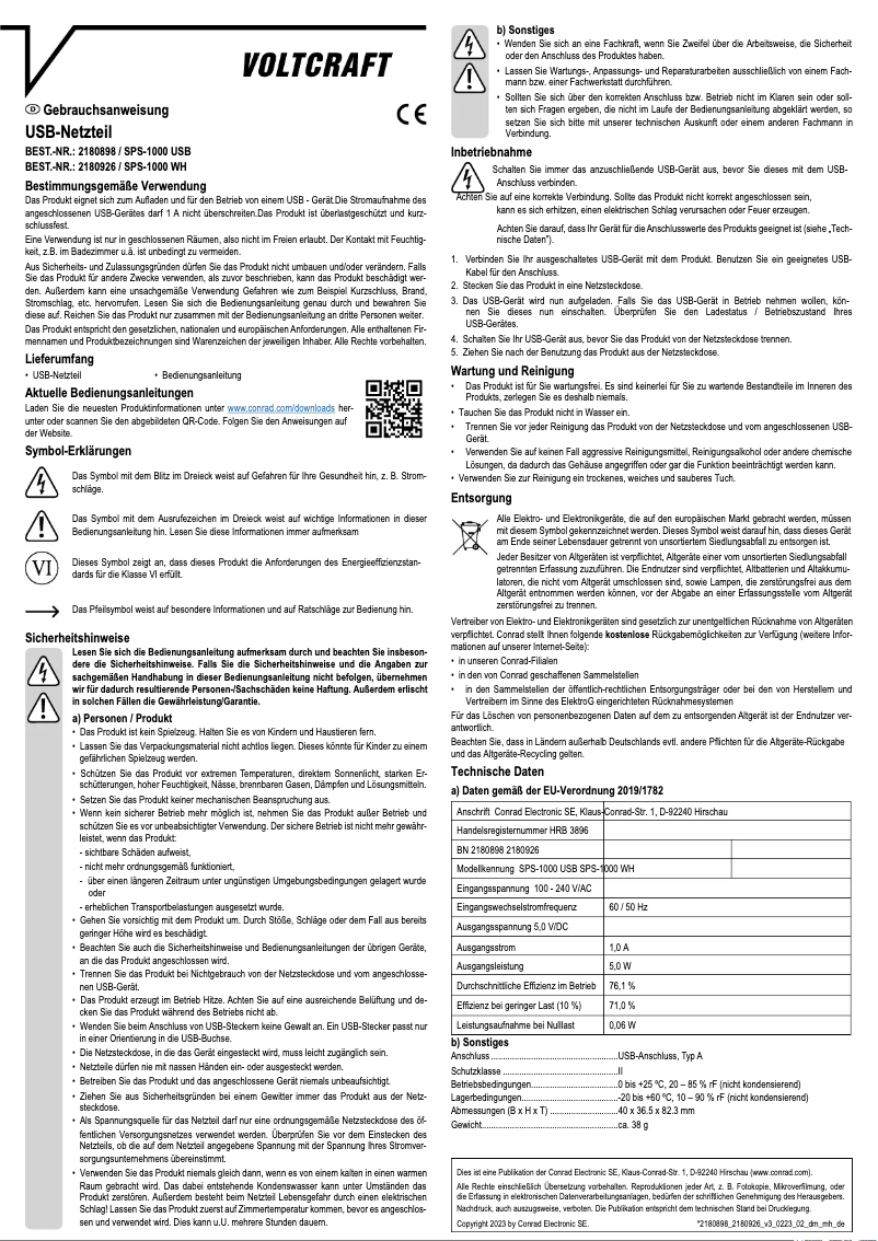 Page 1 de la notice Manuel utilisateur Voltcraft SPS-1000 USB