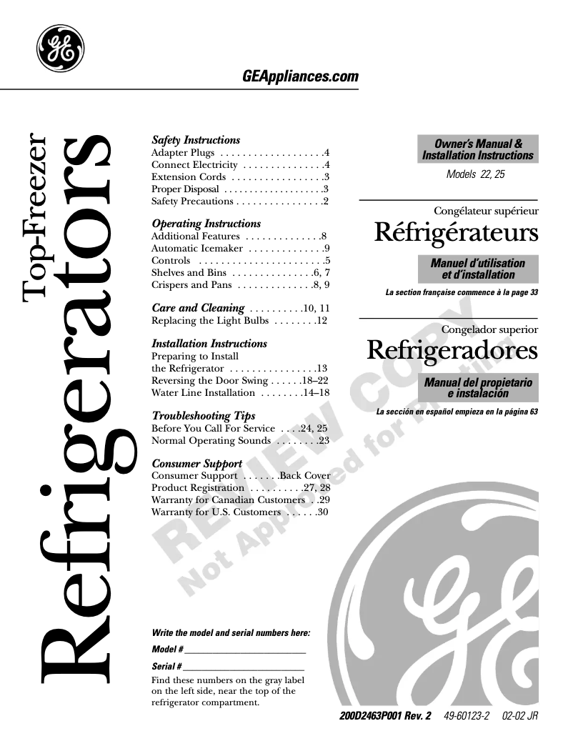 Page 1 de la notice Mode d'emploi GE PTS22SBMBS