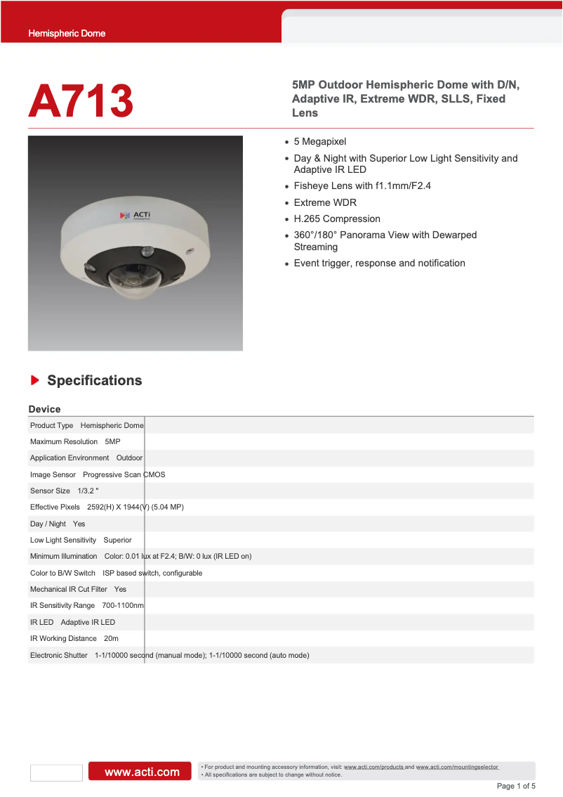 Page 1 de la notice Fiche technique ACTi A713